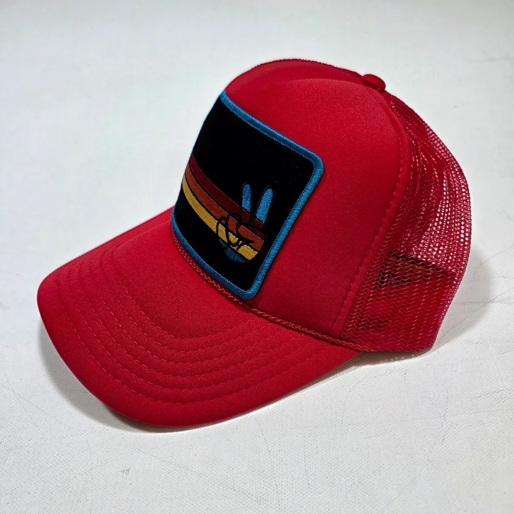Port Sandz Trucker Hat Mens Surf Red Peace Sign Retro Stripe Mesh Snapback Cap